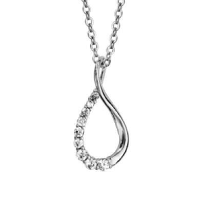 Collier en argent rhodié chaîne avec pendentif ovale vrillé avec 1 moitié lisse et l'autre ornée d'oxydes blancs - longueur 42cm + 3cm de rallonge