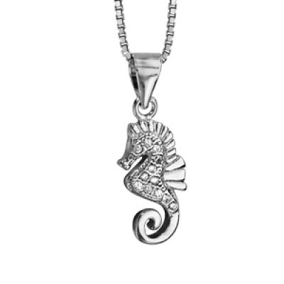 Collier en argent rhodié chaîne avec pendentif petit hippocampe orné d'oxydes blancs sertis - longueur 42cm + 3cm de rallonge