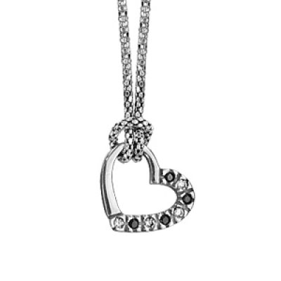 Collier en argent rhodié chaîne avec pendentif coeur évidé avec 1 moitié ornée d'oxydes blancs et noir sertis alternés - longueur 42cm + 3cm de rallonge