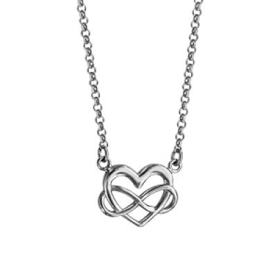 Collier en argent rhodié chaîne avec pendentif 1 coeur et 1 symbole infini entremêlés - longueur 40cm + 5cm de rallonge