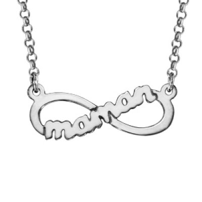Collier en argent rhodié chaîne avec pendentif symbole infini avec découpe "maman" au centre - longueur 40cm + 5cm de rallonge