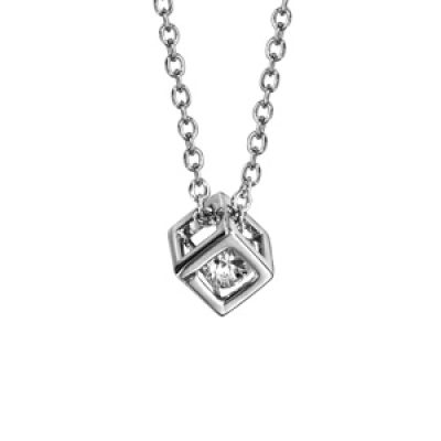 Collier en argent rhodié chaîne avec pendentif cube ouvert avec 1 oxyde blanc à l'intérieur - longueur 40cm + 4cm de rallonge