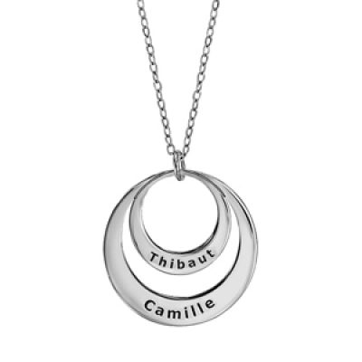 Collier en argent rhodié chaîne avec pendentif 2 anneaux prénom à graver - longueur 40cm + 5cm de rallonge