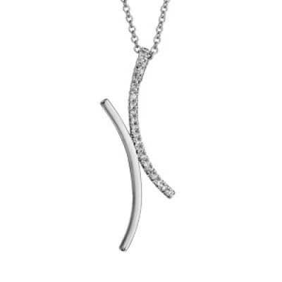 Collier en argent rhodié chaîne avec pendentif 2 courbes collées dont 1 lisse et l'autre ornée d'oxydes blancs - longueur 40cm + 4cm de rallonge