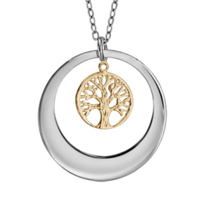Collier en argent rhodié chaîne avec pendentif anneau prénom à graver et arbre de vie en dorure jaune 40+5cm à graver 1 ou 2 prénoms
