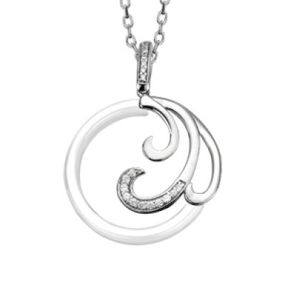 Collier en argent rhodié chaîne avec pendentif rond en céramique blanche avec 3 vagues dont 1 ornée d'oxydes blancs sertis - longueur 42cm + 3cm de rallonge