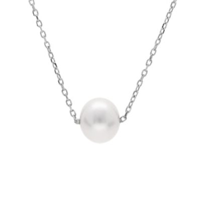 Collier en argent rhodié chaîne boule avec pendentif perle de culture d'eau douce blanche longueur 41+5cm