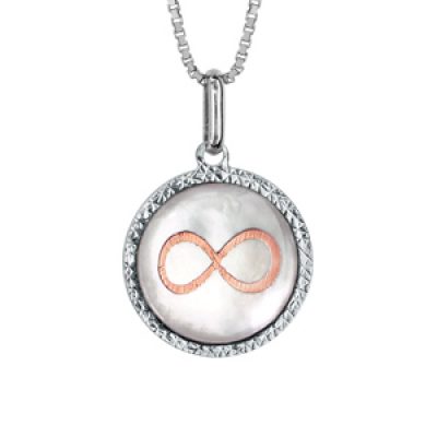 Collier en argent rhodié chaîne avec pendentif rond de 14mm en nacre blanche véritable avec symbole infini rose et tour diamanté - longueur 42cm + 3cm de rallonge
