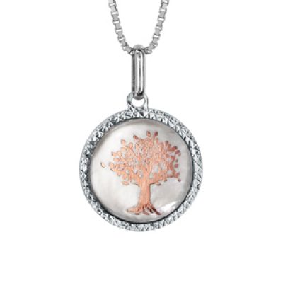 Collier en argent rhodié chaîne avec pendentif rond de 14mm en nacre blanche véritable avec arbre de vie rose et tour diamanté - longueur 42cm + 3cm de rallonge