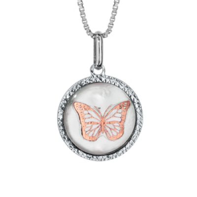 Collier en argent rhodié chaîne avec pendentif rond de 14mm en nacre blanche véritable avec papillon rose et tour diamanté - longueur 42cm + 3cm de rallonge