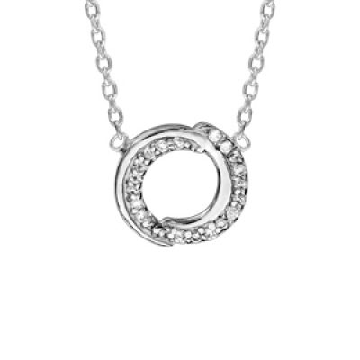Collier en argent rhodié chaîne avec pendentif cercle en 2 brins enroulés dont 1 lisse et l'autre orné d'oxydes blancs sertis - longueur 38cm + 4cm de rallonge