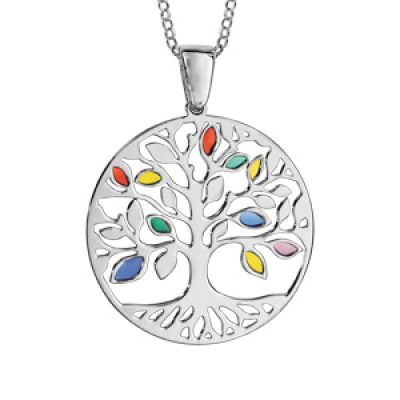 Collier en argent rhodié chaîne avec pendentif arbre de vie ajouré et feuilles multicolores - longueur 42cm + 3cm de rallonge