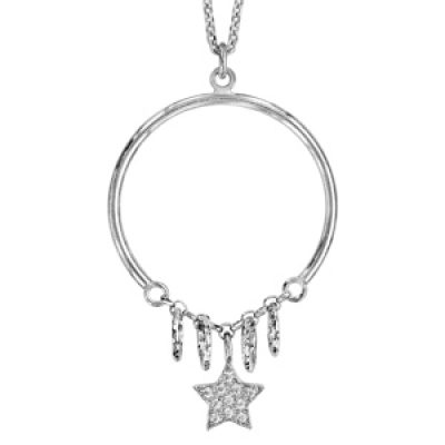Collier en argent rhodié chaîne avec pendentif anneau avec plusieurs anneaux diamantés et étoile pavée d'oxydes blancs sertis suspendus - longueur 42cm + 5cm de rallonge