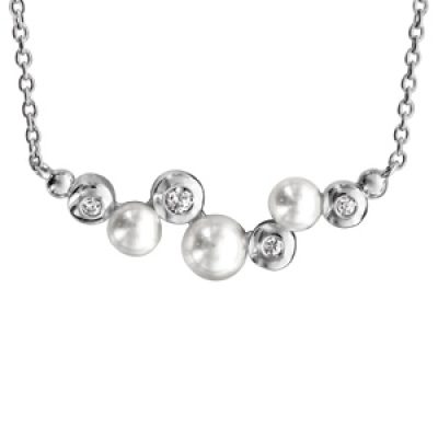 Collier en argent rhodié chaîne avec barrette d'oxydes blancs sertis clos et perles blanches 42cm + 3cm
