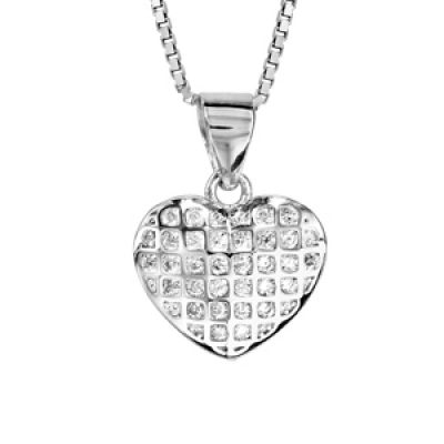 Collier en argent rhodié chaîne avec pendentif coeur quadrillé en oxydes blancs sertis - longueur 41cm + 5cm de rallonge