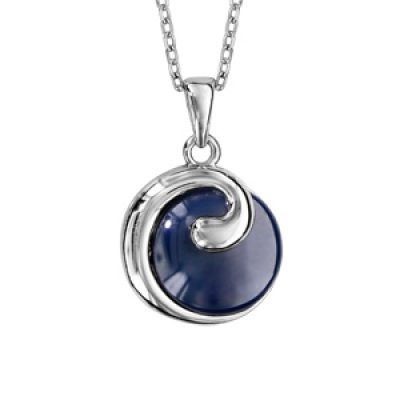 Collier en argent rhodié chaîne avec pendentif rond en céramique bleu marine avec virgule lisse sur moitié du tour - longueur 40cm + 5cm de rallonge
