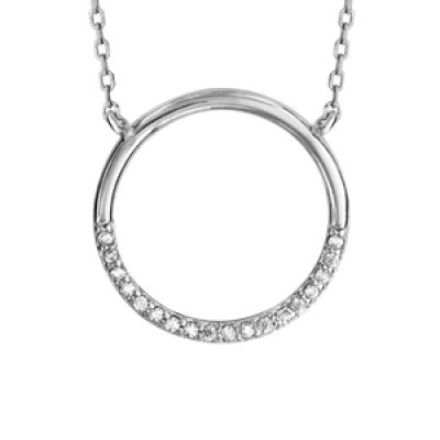 Collier en argent rhodié chaîne avec pendentif anneau orné d'oxydes blancs sertis en bas - longueur 41cm + 5cm de rallonge