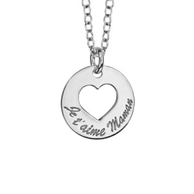 Collier en argent rhodié chaîne avec pendentif rondelle gravée "Je t'aime maman" et découpé en forme de coeur au milieu - longueur 40cm + 5cm de rallonge