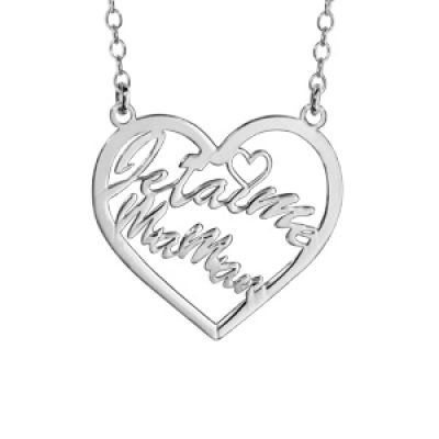 Collier en argent rhodié chaîne avec pendentif coeur évidé découpé "Je t'aime maman" - longueur 40cm + 5cm de rallonge