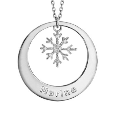 Collier en argent rhodié chaîne avec pendentif anneau prénom à graver et flocon de neige suspendu - longueur 42cm + 3cm de rallonge
