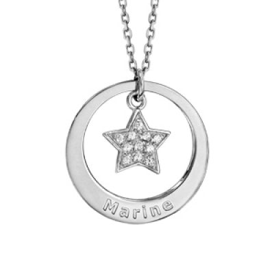 Collier en argent rhodié chaîne avec pendentif anneau prénom à graver et étoile pavée d'oxydes blancs sertis suspendu - longueur 40cm + 5cm de rallonge