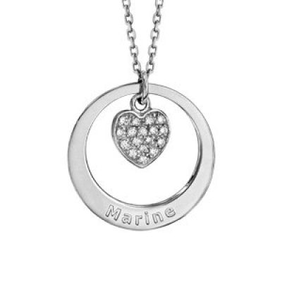 Collier en argent rhodié chaîne avec pendentif anneau prénom à graver et coeur suspendu - longueur 40cm + 5cm de rallonge