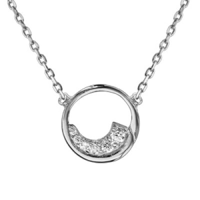 Collier en argent rhodié chaîne avec pendentif cercle oxydes blancs sertis 38cm + 4cm