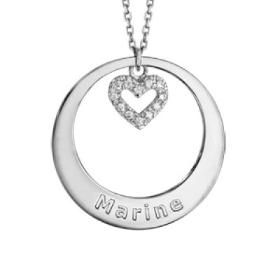 Collier en argent rhodié chaîne avec pendentif anneau prénom à graver et coeur d'oxydes blancs suspendu - longueur 40cm + 5cm de rallonge