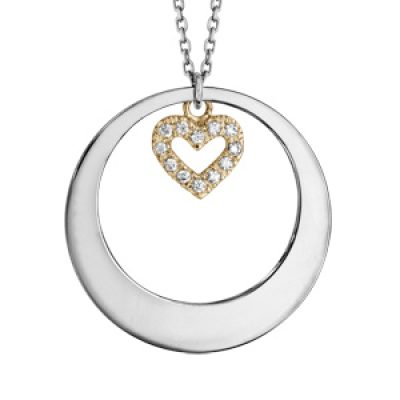 Collier en argent rhodié avec Pendentif anneau ajouré et coeur en dorure jaune et oxydes blancs 42+3cm