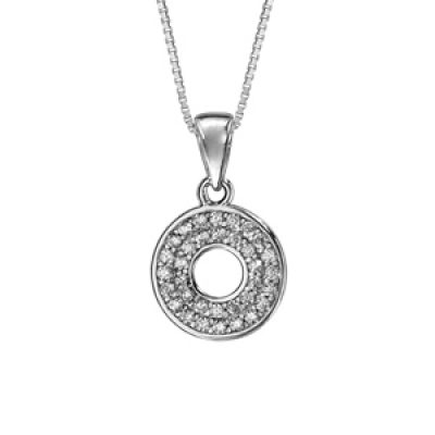 Collier en argent rhodié chaîne avec pendentif cercle percé oxydes blancs sertis 42cm + 3cm