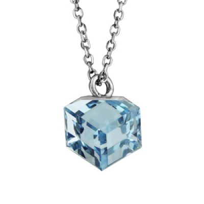 Collier en argent rhodié chaîne avec pendentif cube cristal bleu ciel 42cm + 3cm