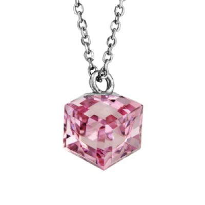 Collier en argent rhodié chaîne avec pendentif cube cristal rose 42cm + 3cm