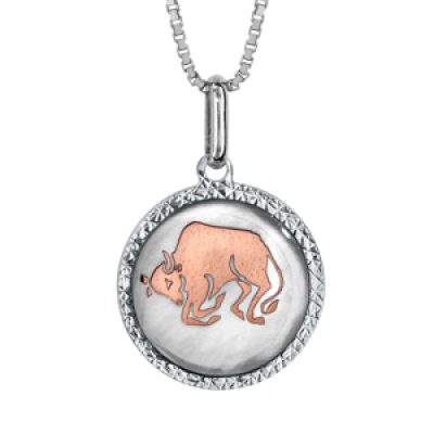 Collier en argent rhodié pendentif rond nacre blanche véritable zodiaque taureau dorure rose 42cm + 3cm