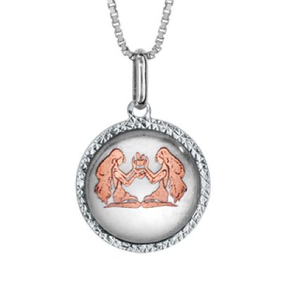 Collier en argent rhodié pendentif rond nacre blanche véritable zodiaque gémeaux dorure rose 42cm + 3cm