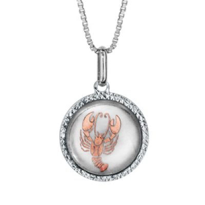 Collier en argent rhodié pendentif rond nacre blanche véritable zodiaque cancer dorure rose 42cm + 3cm