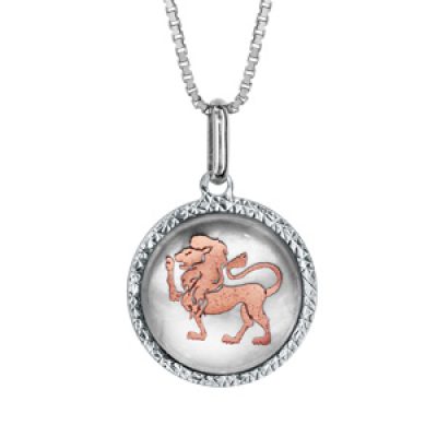 Collier en argent rhodié pendentif rond nacre blanche véritable zodiaque lion dorure rose 42cm + 3cm