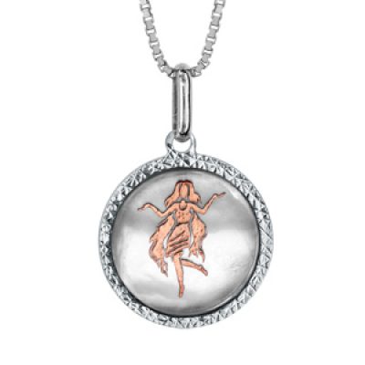 Collier en argent rhodié pendentif rond nacre blanche véritable zodiaque vierge dorure rose 42cm + 3cm