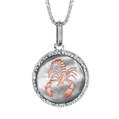 Collier en argent rhodié pendentif rond nacre blanche véritable zodiaque scorpion dorure rose 42cm + 3cm