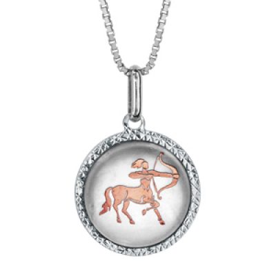 Collier en argent rhodié pendentif rond nacre blanche véritable zodiaque sagittaire dorure rose 42cm + 3cm
