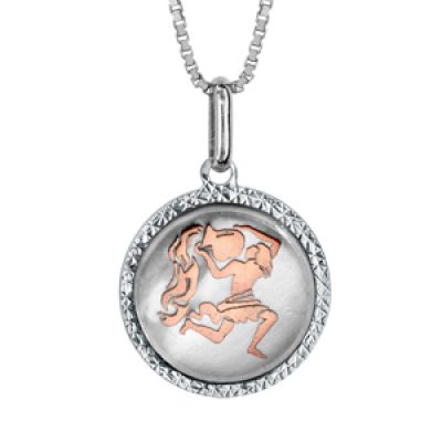 Collier en argent rhodié pendentif rond nacre blanche véritable zodiaque verseau dorure rose 42cm + 3cm