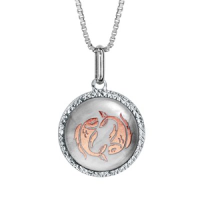 Collier en argent rhodié pendentif rond nacre blanche véritable zodiaque poissons dorure rose 42cm + 3cm