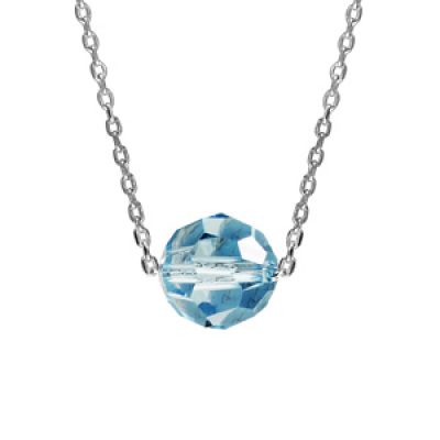 Collier en argent rhodié chaîne avec pendentif boule cristal bleu ciel facetté 42cm + 3cm