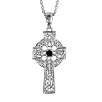 Collier en argent rhodié chaîne avec pendentif croix celtique ornée d'1 pierre noire - longueur 42+3cm
