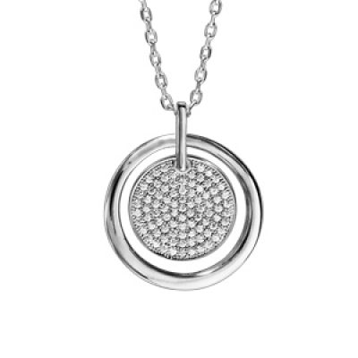 Collier en argent rhodié chaîne avec pendentif cercle rondelle oxydes blancs sertis 42cm + 3cm