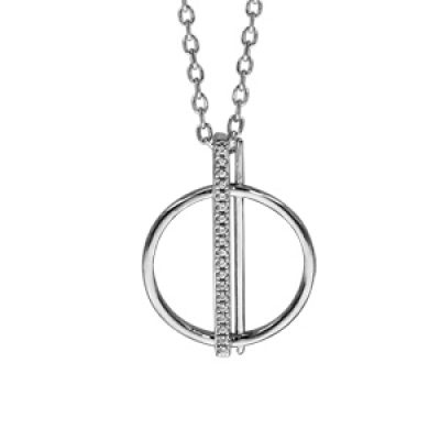 Collier en argent rhodié chaîne avec pendentif cercle et barrette oxydes blancs sertis 42cm + 3cm