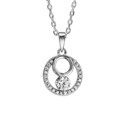 Collier en argent rhodié chaîne avec pendentif rond oxydes blancs sertis et 1 oxyde blanc serti clos 42cm + 3cm