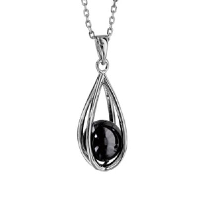 Collier en argent rhodié chaîne avec pendentif cage ovale et perle grise - longueur 42+3cm
