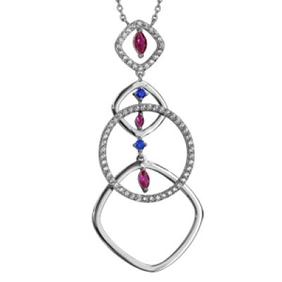 Collier en argent rhodié chaîne avec pendentif formes géométriques et pierre rose et bleue - longueur 42+3cm