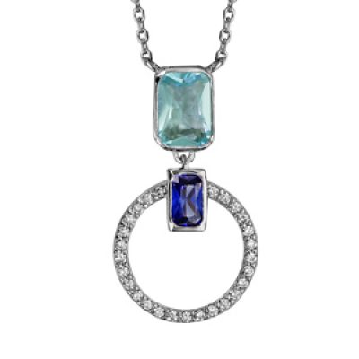 Collier en argent rhodié chaîne avec pendentif cercle empierré blanc et pierres tons bleu clair et fonçé 42+3cm
