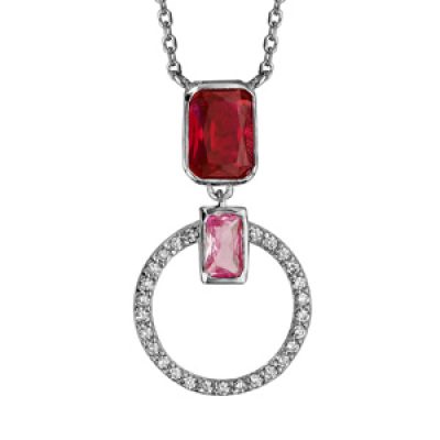 Collier en argent rhodié chaîne avec pendentif cercle empierré blanc et pierres rouge et rose 42+3cm